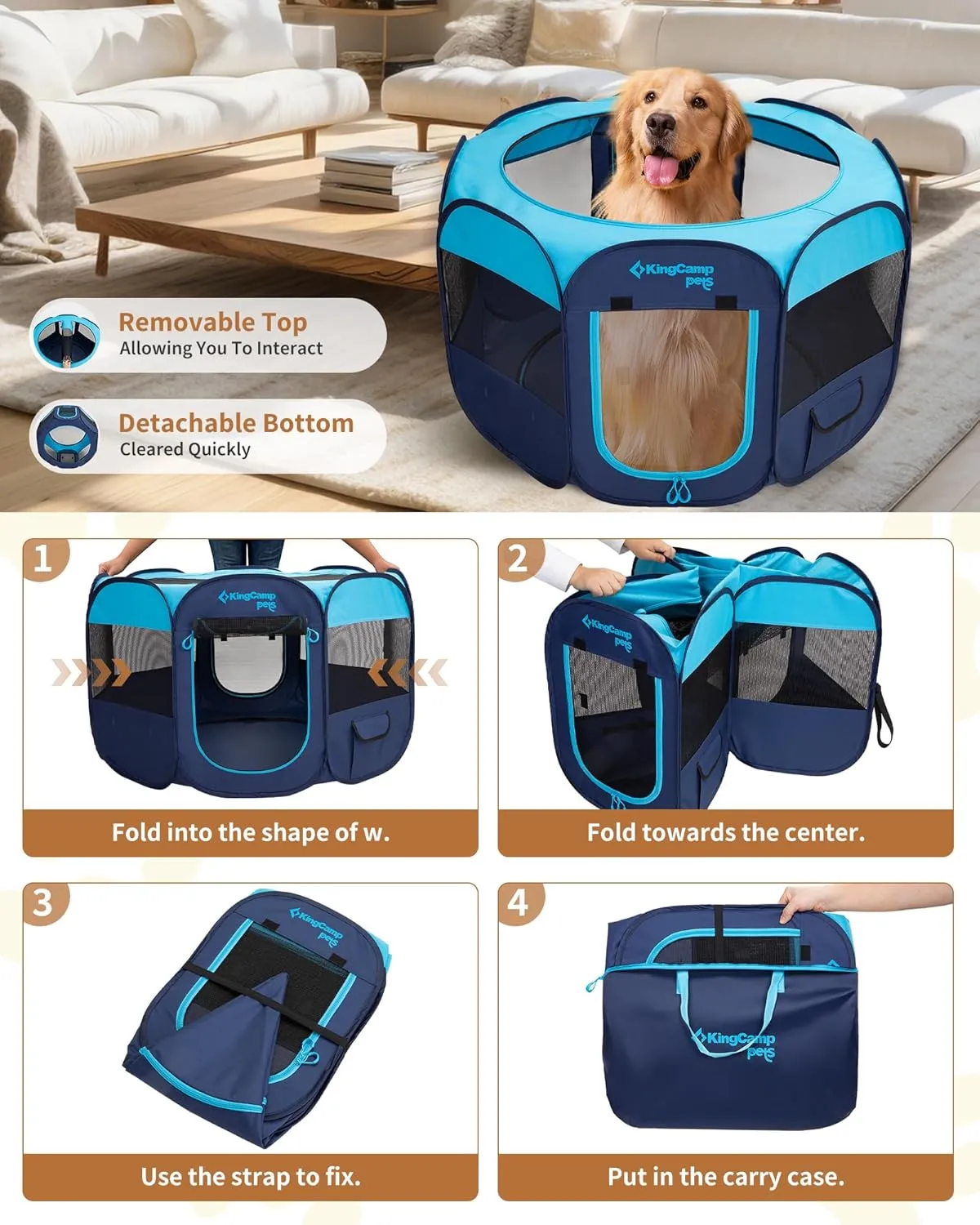KingCamp Dog Playpen, Portable Foldable Cat Kitten Puppy Tent Crates 29"/36"/50" Pop Up Pet Playpen with Zippered Bottom & Cover for Indoor Outdoor Use (Small, Blue)