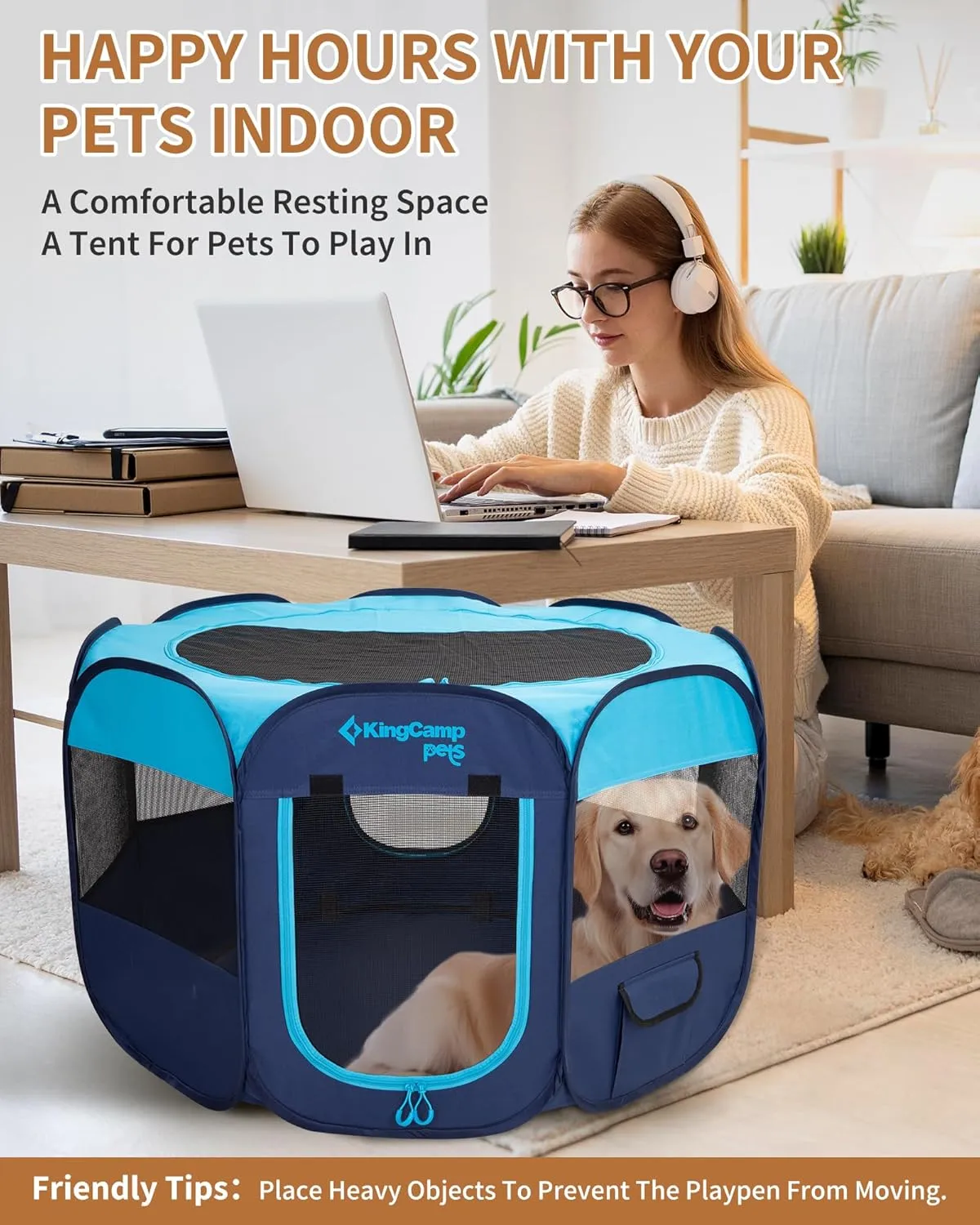 KingCamp Dog Playpen, Portable Foldable Cat Kitten Puppy Tent Crates 29"/36"/50" Pop Up Pet Playpen with Zippered Bottom & Cover for Indoor Outdoor Use (Small, Blue)
