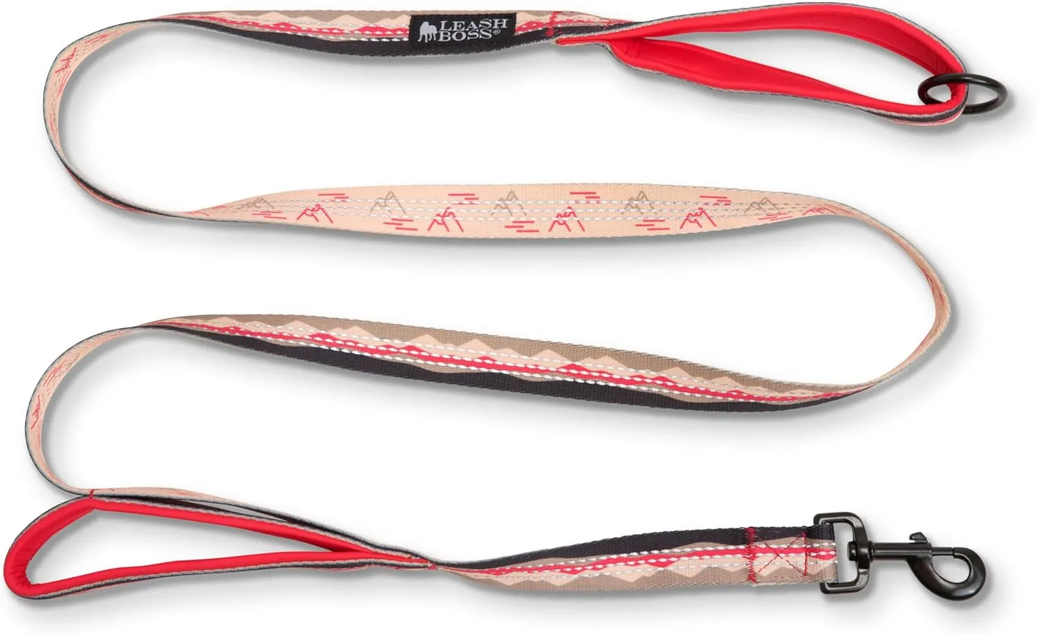 Leash Boss Double Handle Dog Leash, Pattern Collection, 6Ft Reflective Dog Leash with Two Padded Handles for Large Dogs or Medium Dogs That Pull (Beige/Red - Mountain)