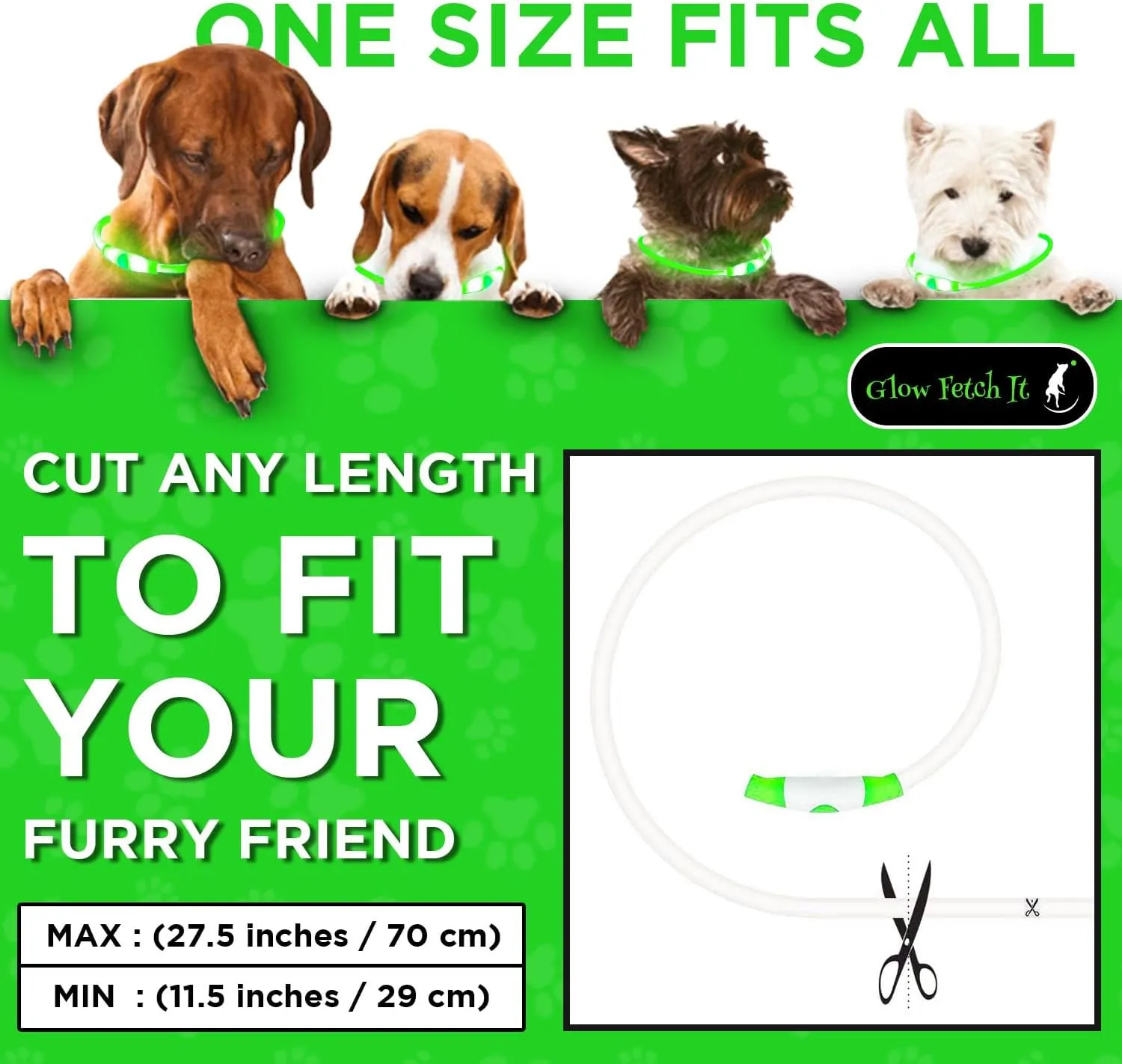 LED Dog Collar, Waterproof Light Up Dog Collar Rechargeable, Dog Safety Necklace for Night Walking, Adjustable Cut-to-Fit Silicone Collar Small Medium Large Dog 27.5 Cuttable (Green)