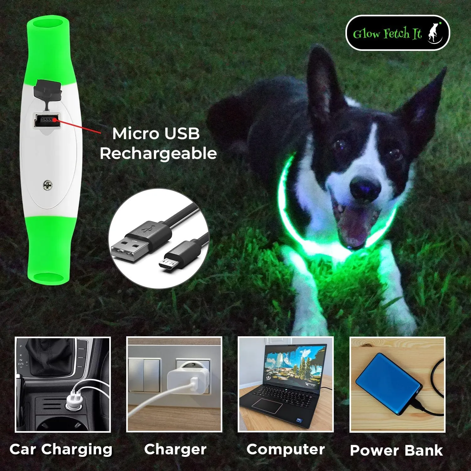 LED Dog Collar, Waterproof Light Up Dog Collar Rechargeable, Dog Safety Necklace for Night Walking, Adjustable Cut-to-Fit Silicone Collar Small Medium Large Dog 27.5 Cuttable (Green)