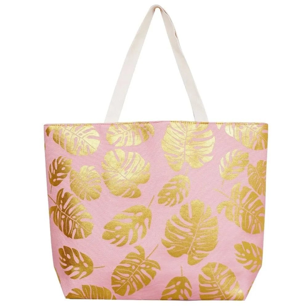MB0085 Silver Tropical Leaf Foil Beach Bag