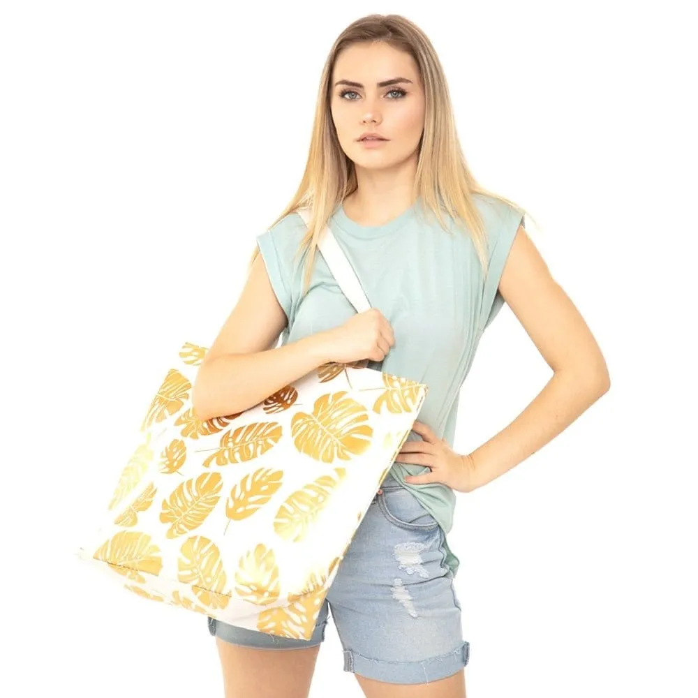 MB0085 Silver Tropical Leaf Foil Beach Bag