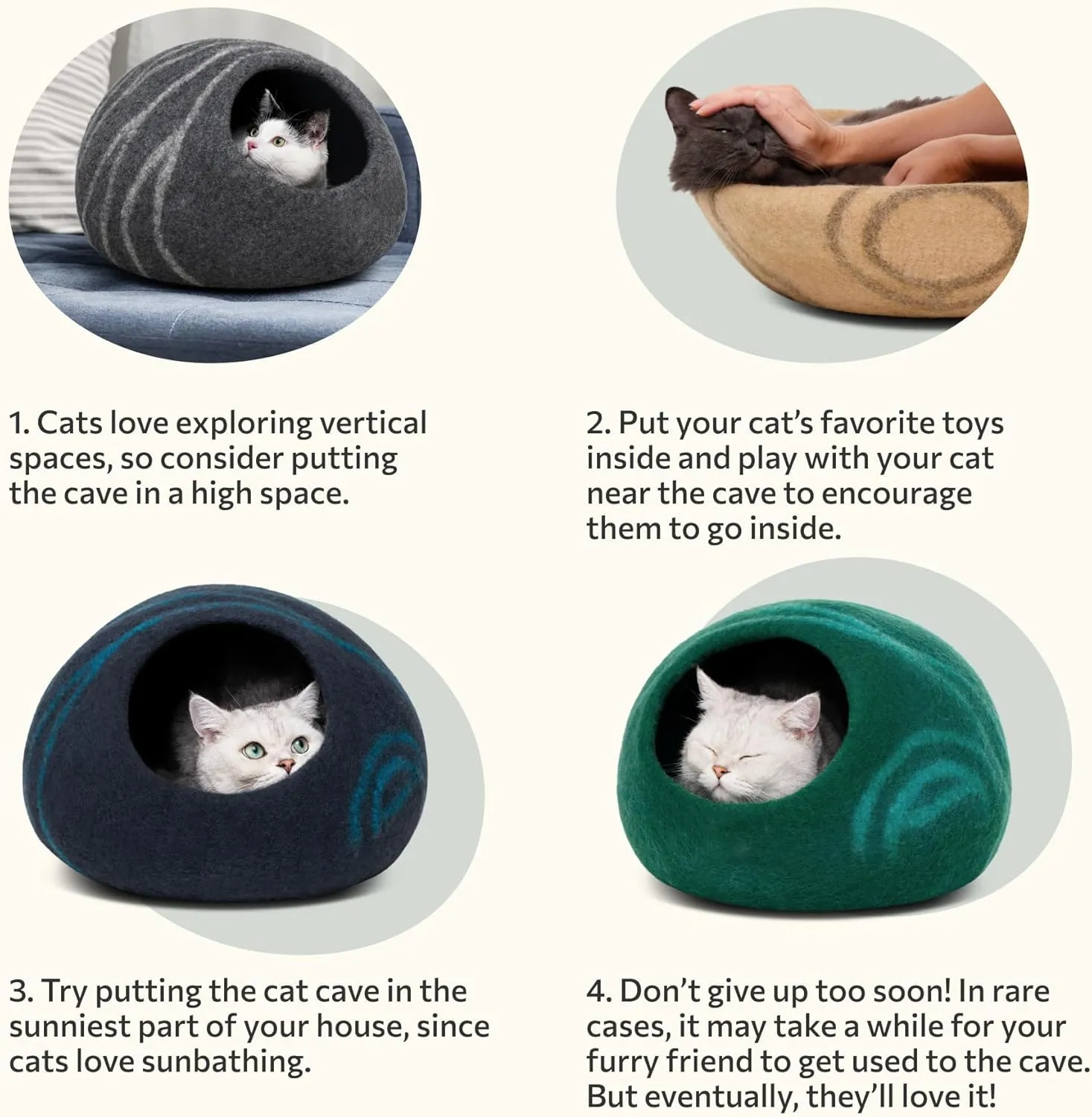 MEOWFIA Cat Cave  Premium Felt Cat Bed for Indoor Cats, Handmade 100% Merino Wool (Light Shades)