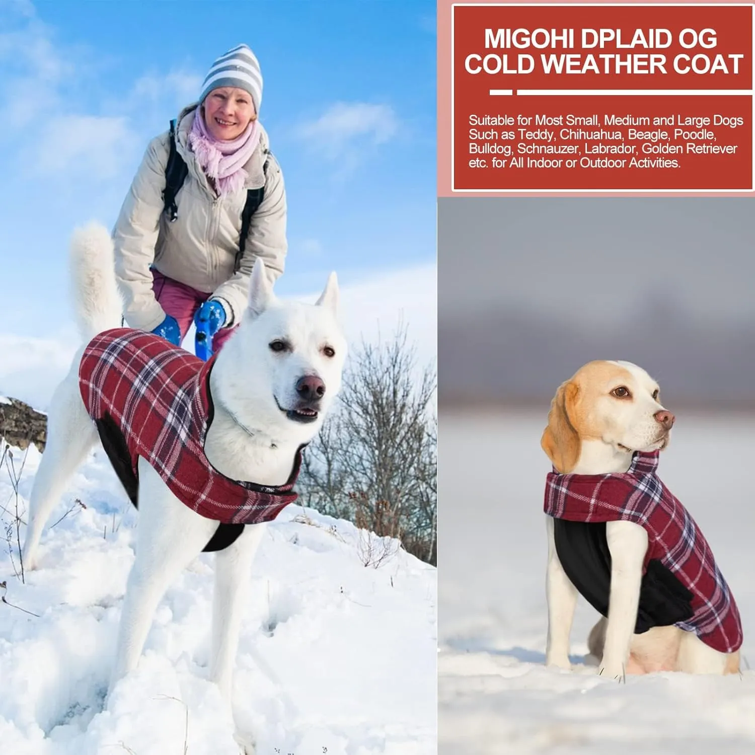 MIGOHI Reversible Dog Coat - Windproof & Waterproof Jacket for Cold Weather, British Style Plaid, Red, S for Small Dogs