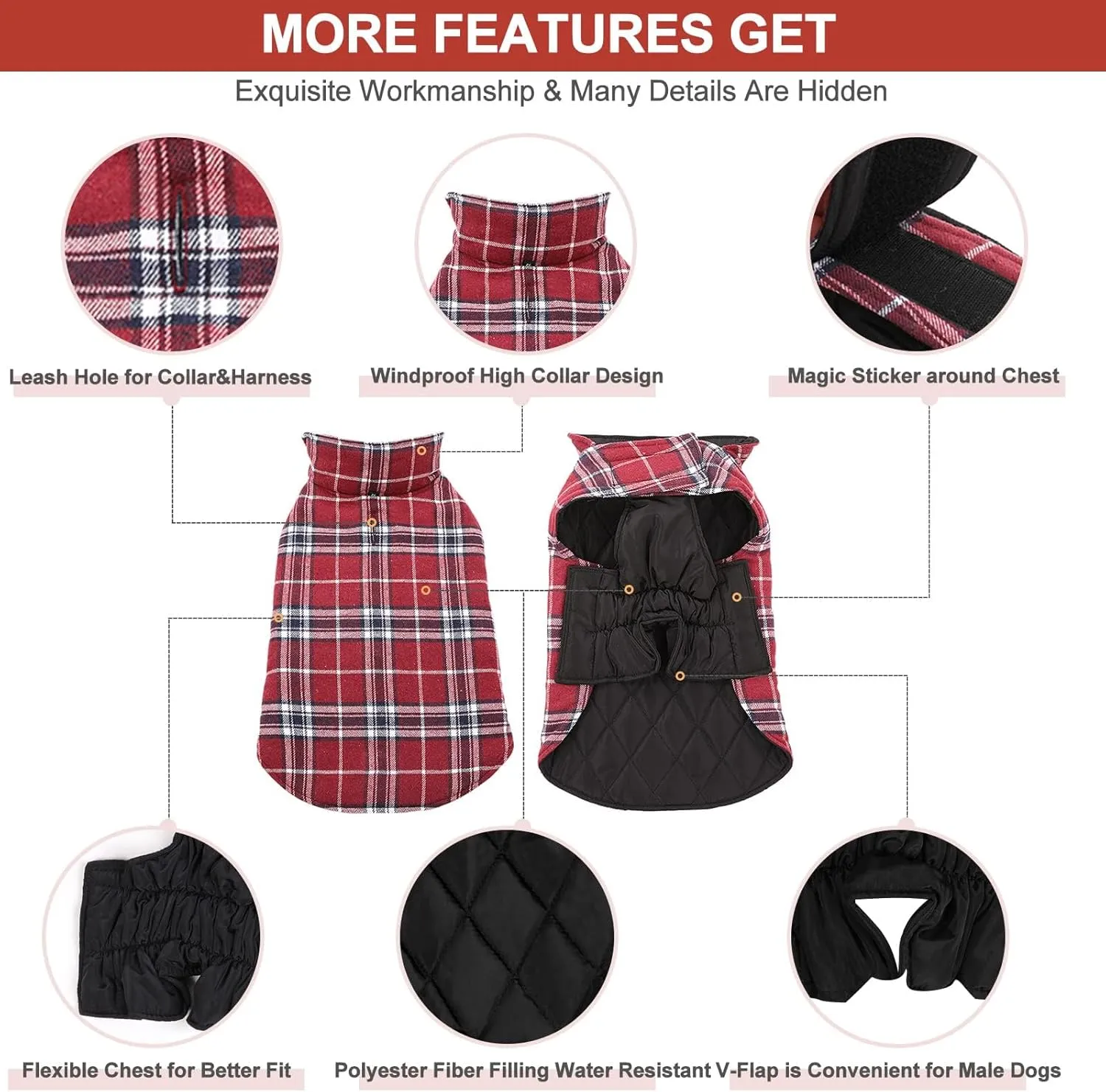 MIGOHI Reversible Dog Coat - Windproof & Waterproof Jacket for Cold Weather, British Style Plaid, Red, S for Small Dogs