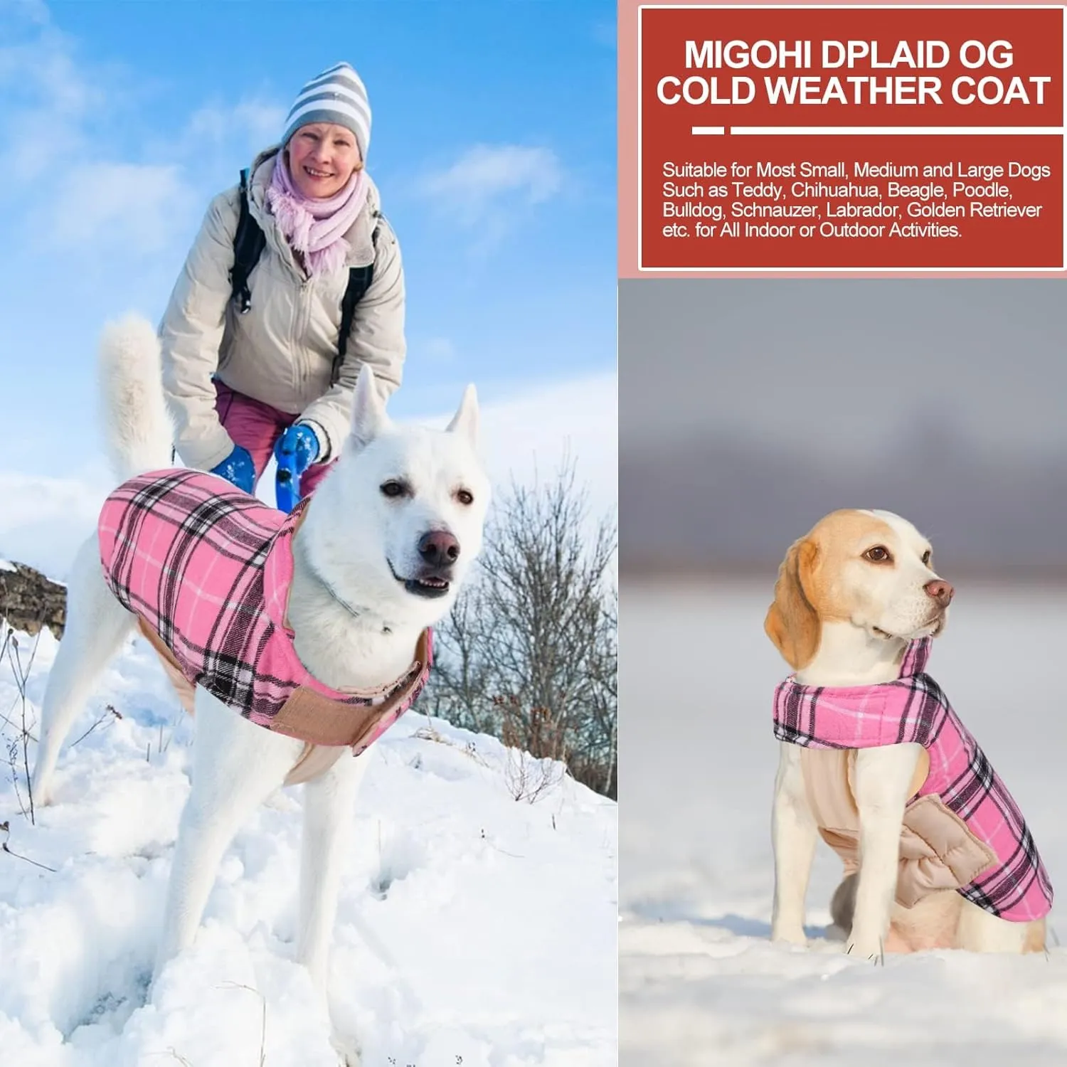 MIGOHI Reversible Dog Coat - Windproof & Waterproof Winter Jacket, British Style Plaid, Warm Dog Vest for Small to Large Dogs, Pink
