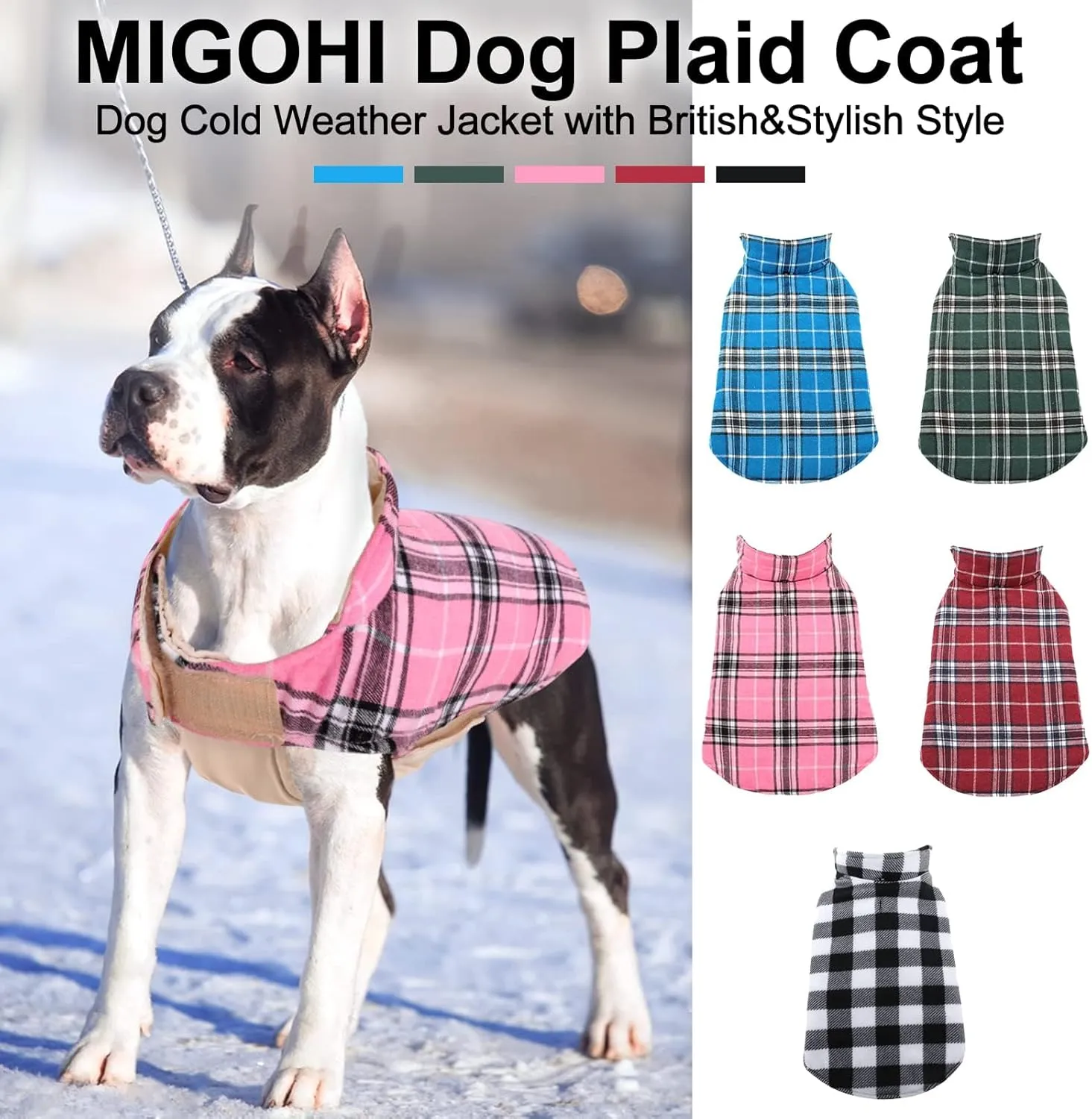 MIGOHI Reversible Dog Coat - Windproof & Waterproof Winter Jacket, British Style Plaid, Warm Dog Vest for Small to Large Dogs, Pink