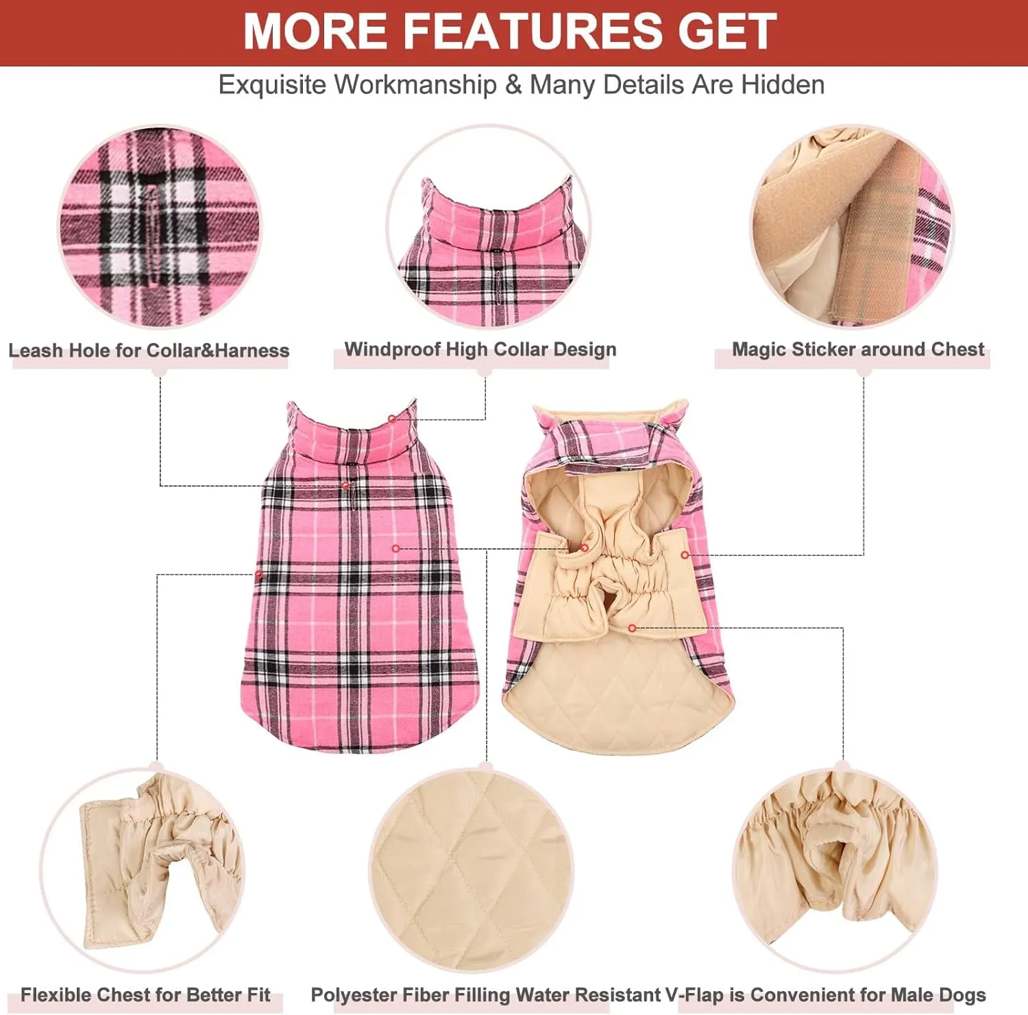 MIGOHI Reversible Dog Coat - Windproof & Waterproof Winter Jacket, British Style Plaid, Warm Dog Vest for Small to Large Dogs, Pink