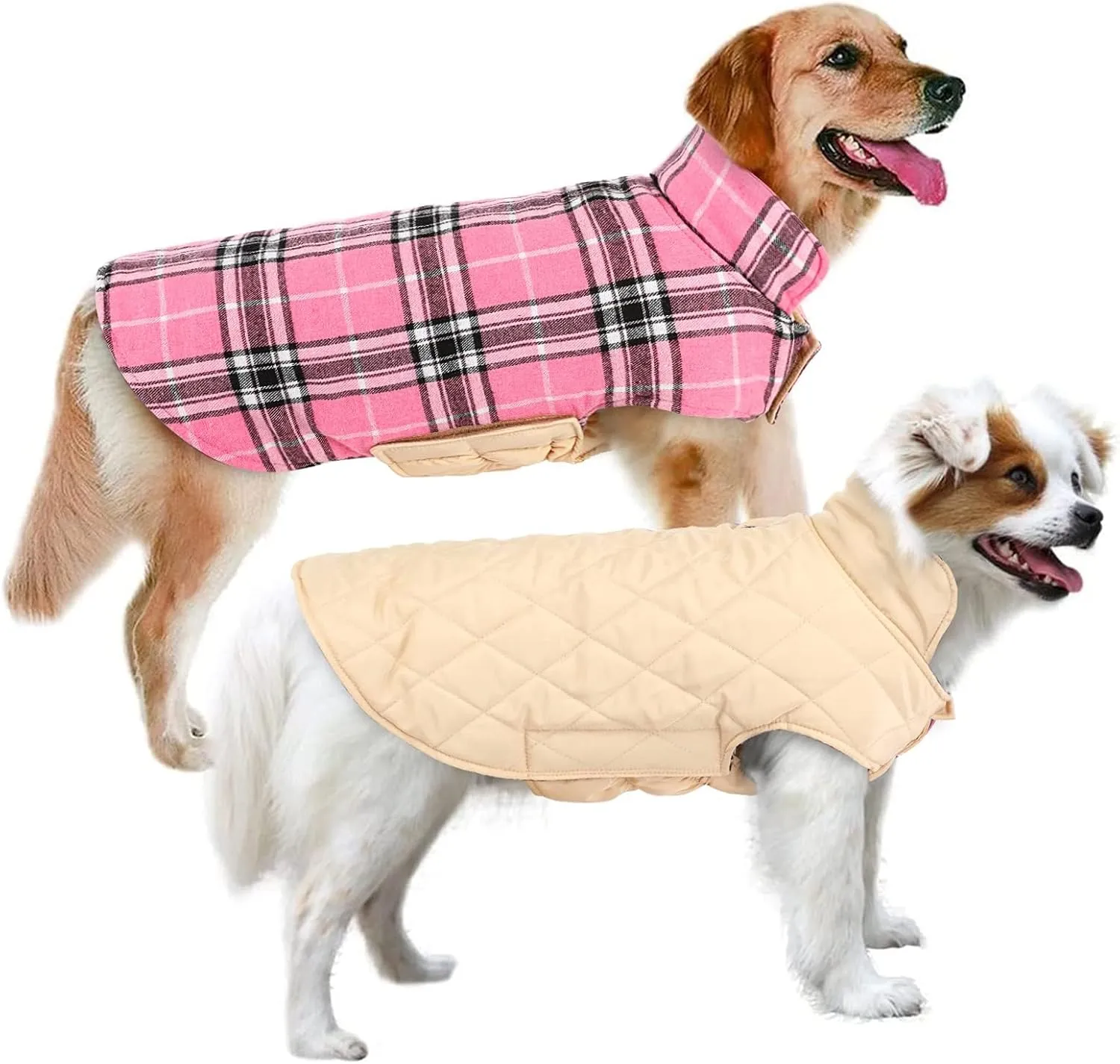 MIGOHI Reversible Dog Coat - Windproof & Waterproof Winter Jacket, British Style Plaid, Warm Dog Vest for Small to Large Dogs, Pink