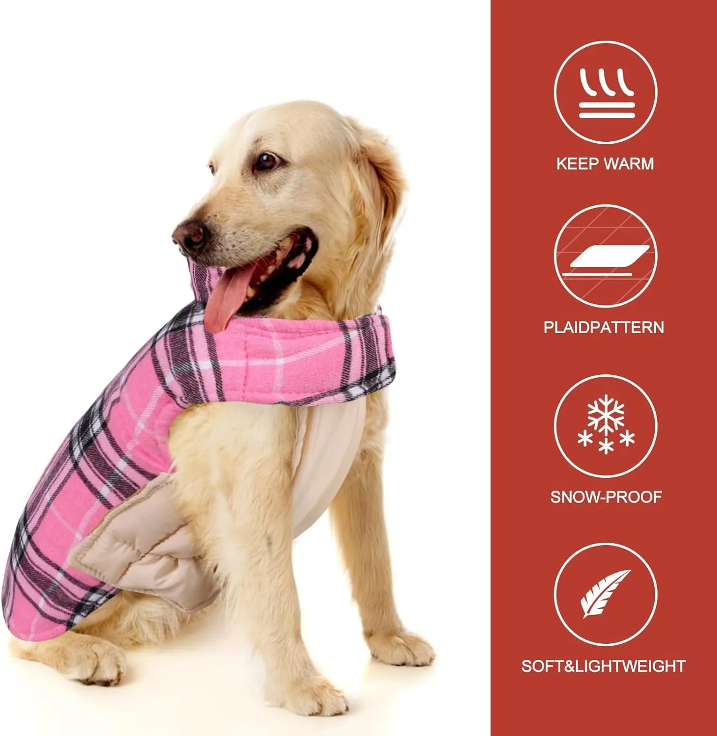 MIGOHI Reversible Dog Coat - Windproof & Waterproof Winter Jacket, British Style Plaid, Warm Dog Vest for Small to Large Dogs, Pink
