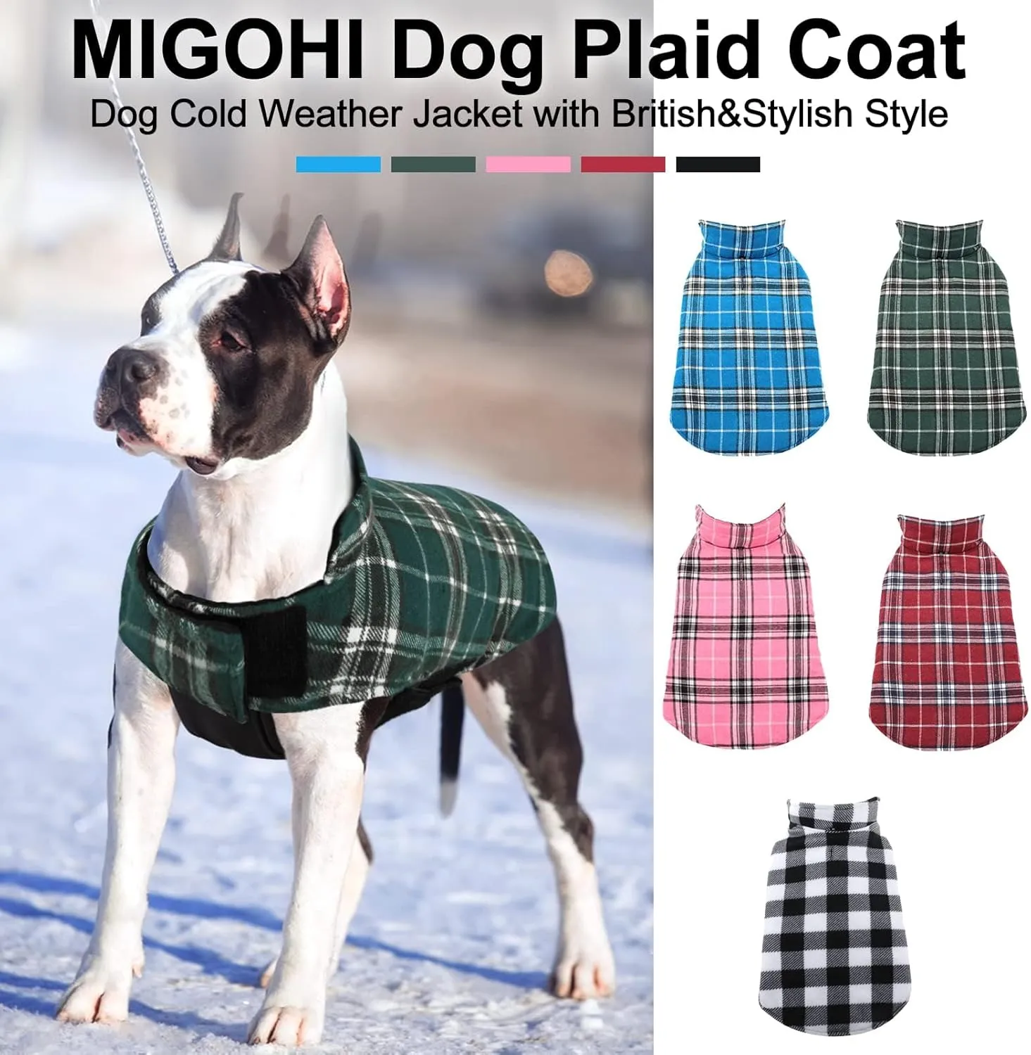 MIGOHI Reversible Dog Coat, Windproof Waterproof Jacket for Cold Weather, British Style Plaid, Small - Large Dogs, Green