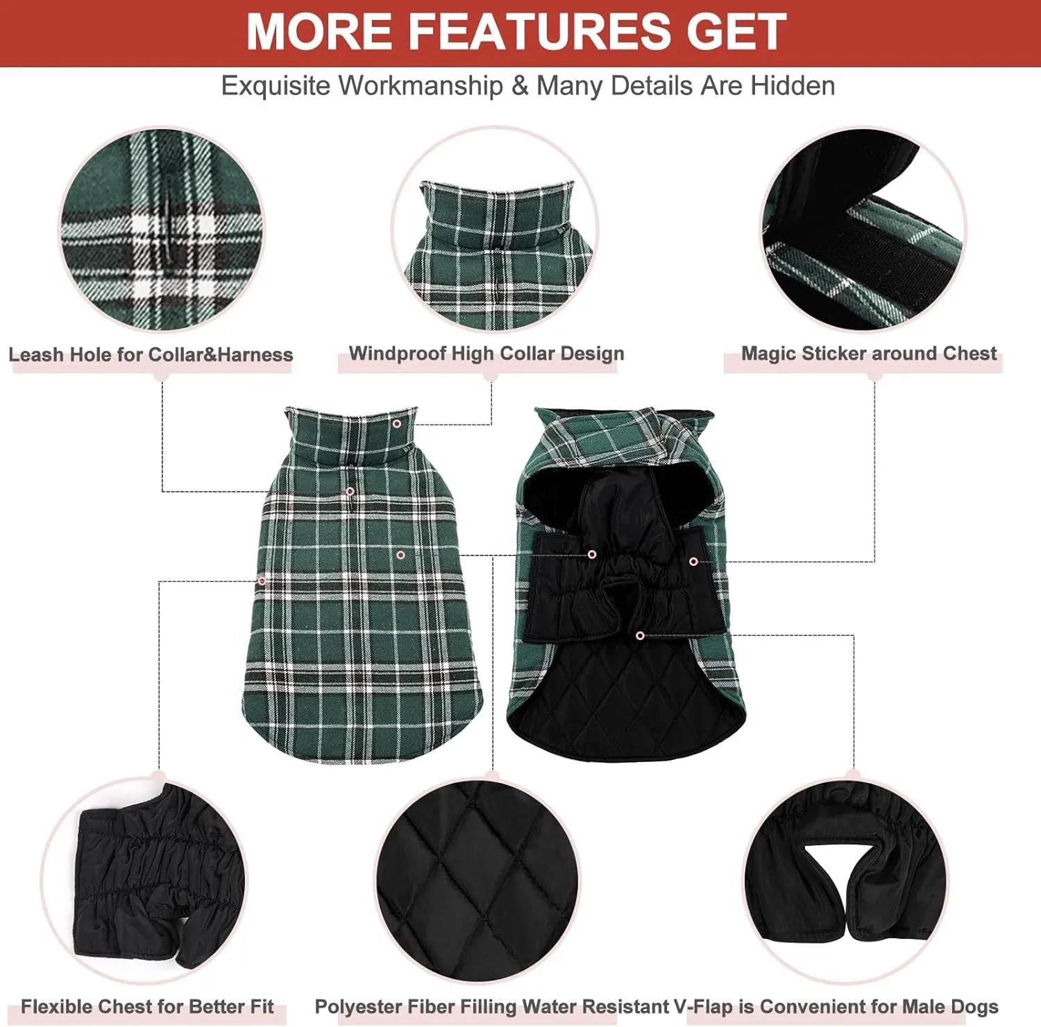 MIGOHI Reversible Dog Coat, Windproof Waterproof Jacket for Cold Weather, British Style Plaid, Small - Large Dogs, Green