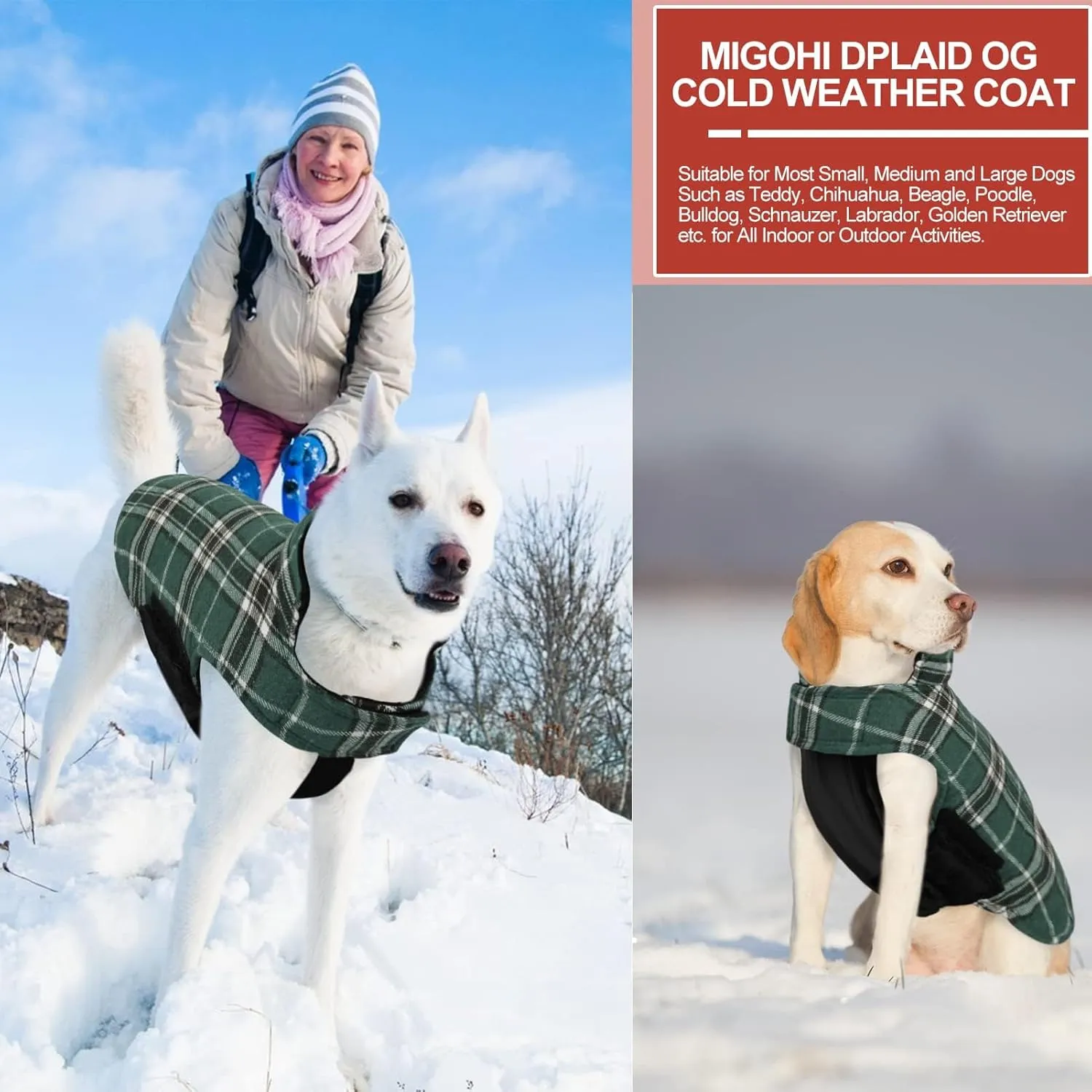 MIGOHI Reversible Dog Coat, Windproof Waterproof Jacket for Cold Weather, British Style Plaid, Small - Large Dogs, Green