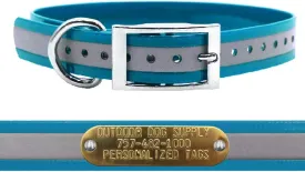 Outdoor Dog Supply's 1" Wide Reflective D Ring Dog Collar Strap with Custom 3/4" Tag (18" Long, Reflective Teal)