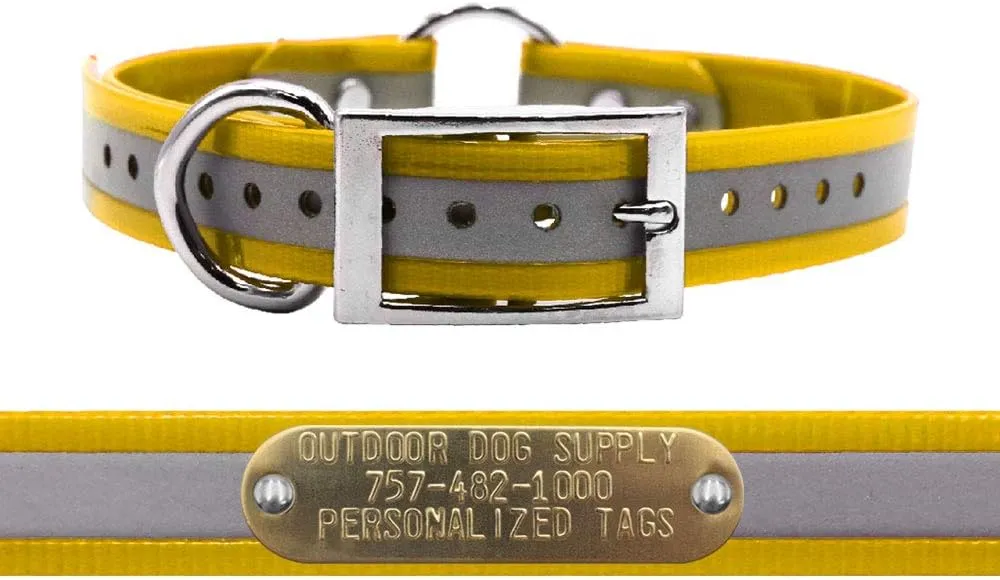 Outdoor Dog Supply's 1" Wide Reflective Ring in Center Dog Collar Strap with Custom Brass Name Plate (21" Long, Reflective School Bus Yellow)