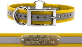 Outdoor Dog Supply's 1" Wide Reflective Ring in Center Dog Collar Strap with Custom Brass Name Plate (21" Long, Reflective School Bus Yellow)
