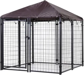 PawHut 4.6' x 4.6' x 5' Outdoor Dog Kennel, Walk-in Pet Playpen, Welded Wire Steel with Water and UV-Resistant Canopy, Black