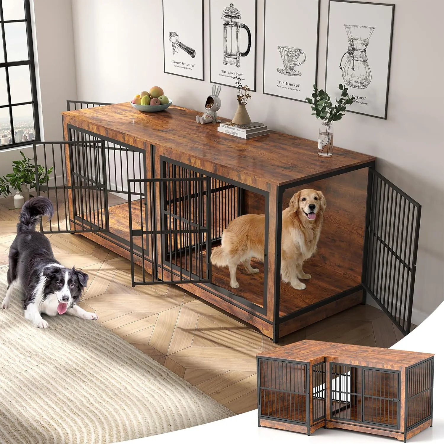 Rovibek Double Dog Crate Furniture, 86 Inch, 2 Dog Crate with Removable Divider & Trays, Furniture Style Dog Cage for 2 Dogs Indoor with Three Doors, Rustic Brown