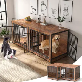 Rovibek Double Dog Crate Furniture, 86 Inch, 2 Dog Crate with Removable Divider & Trays, Furniture Style Dog Cage for 2 Dogs Indoor with Three Doors, Rustic Brown