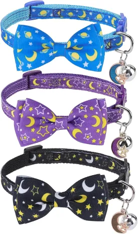 SCENEREAL Breakaway Cat Collar with Bell, 3 Pack Safety Adjustable Cat Collars with Pendant, Spring Summer Personalised Puppy Kitten Collar with Bowtie for Boys Girls, Star and Moon Elements