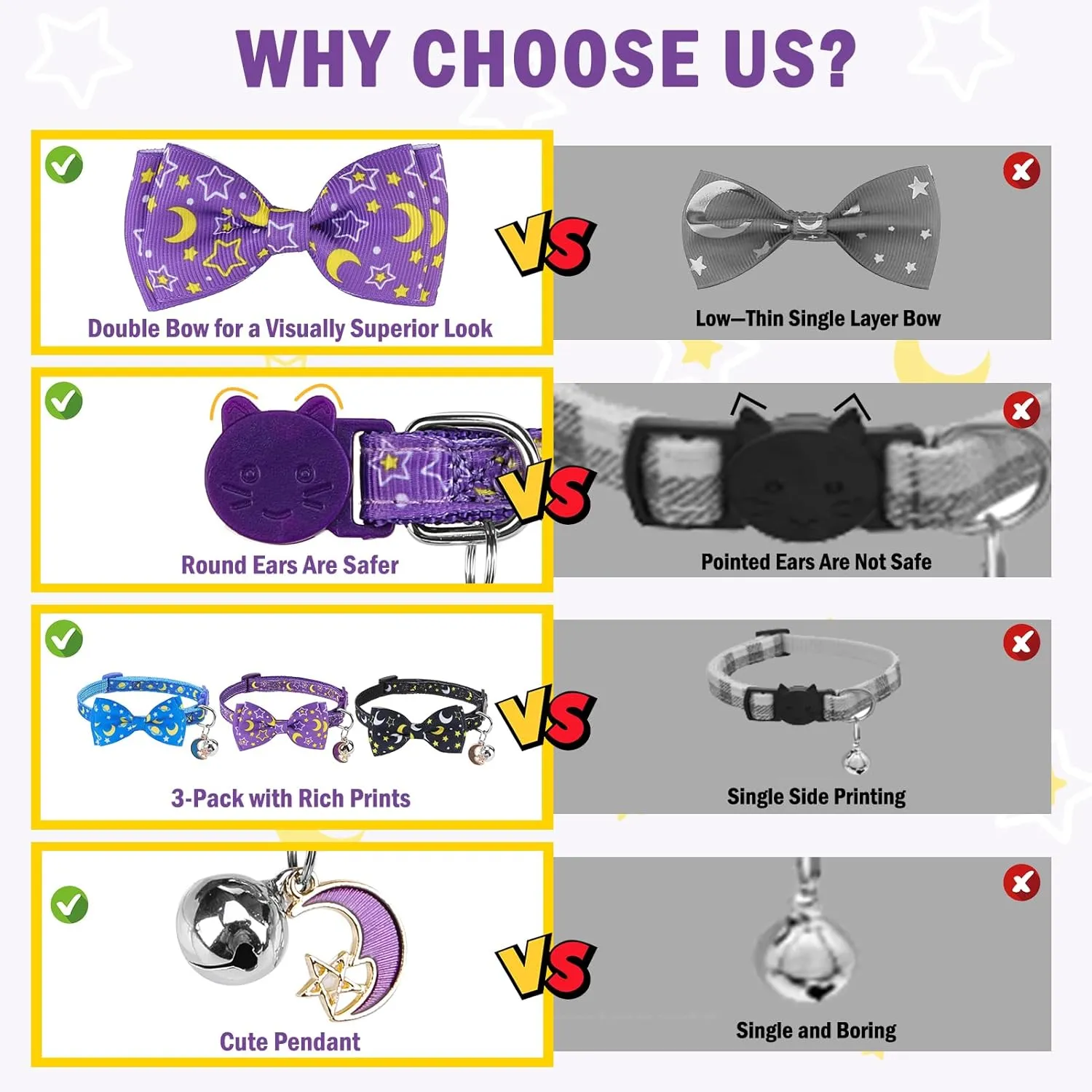 SCENEREAL Breakaway Cat Collar with Bell, 3 Pack Safety Adjustable Cat Collars with Pendant, Spring Summer Personalised Puppy Kitten Collar with Bowtie for Boys Girls, Star and Moon Elements