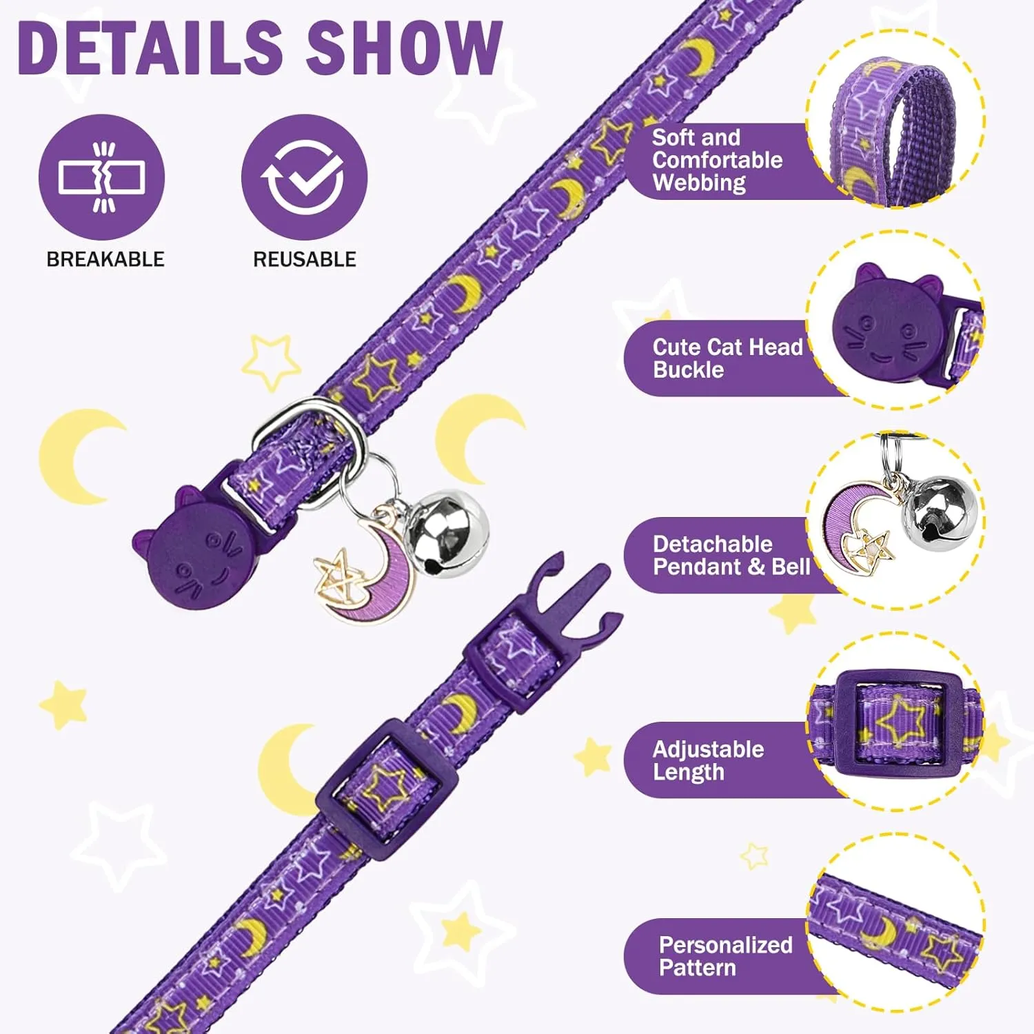 SCENEREAL Breakaway Cat Collar with Bell, 3 Pack Safety Adjustable Cat Collars with Pendant, Spring Summer Personalised Puppy Kitten Collar with Bowtie for Boys Girls, Star and Moon Elements