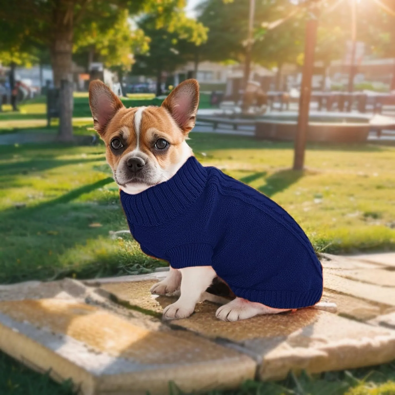 Small Dog Sweater with Hind Leg Straps & Knit Turtleneck, Winter Warm Dog Clothes for Small Dogs and Cats, Pet Sweater for Bulldog, Chihuahua, Yorkie, Pug, Kitten (Navy Dog Sweater, XS)