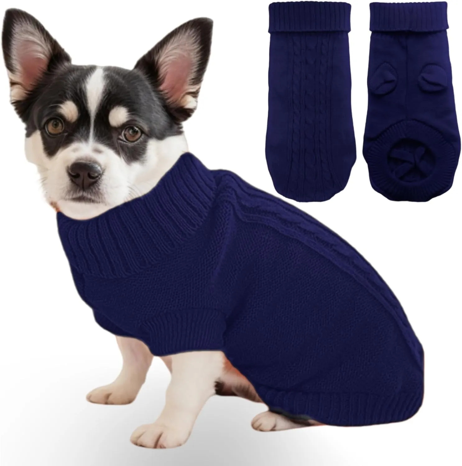 Small Dog Sweater with Hind Leg Straps & Knit Turtleneck, Winter Warm Dog Clothes for Small Dogs and Cats, Pet Sweater for Bulldog, Chihuahua, Yorkie, Pug, Kitten (Navy Dog Sweater, XS)