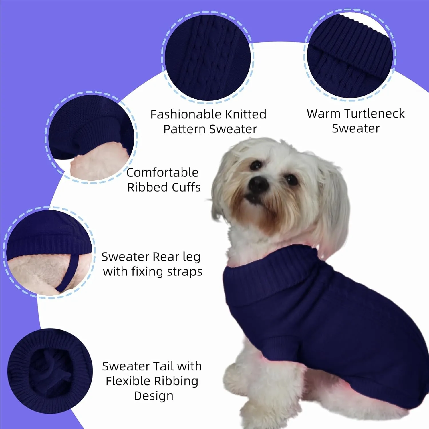 Small Dog Sweater with Hind Leg Straps & Knit Turtleneck, Winter Warm Dog Clothes for Small Dogs and Cats, Pet Sweater for Bulldog, Chihuahua, Yorkie, Pug, Kitten (Navy Dog Sweater, XS)