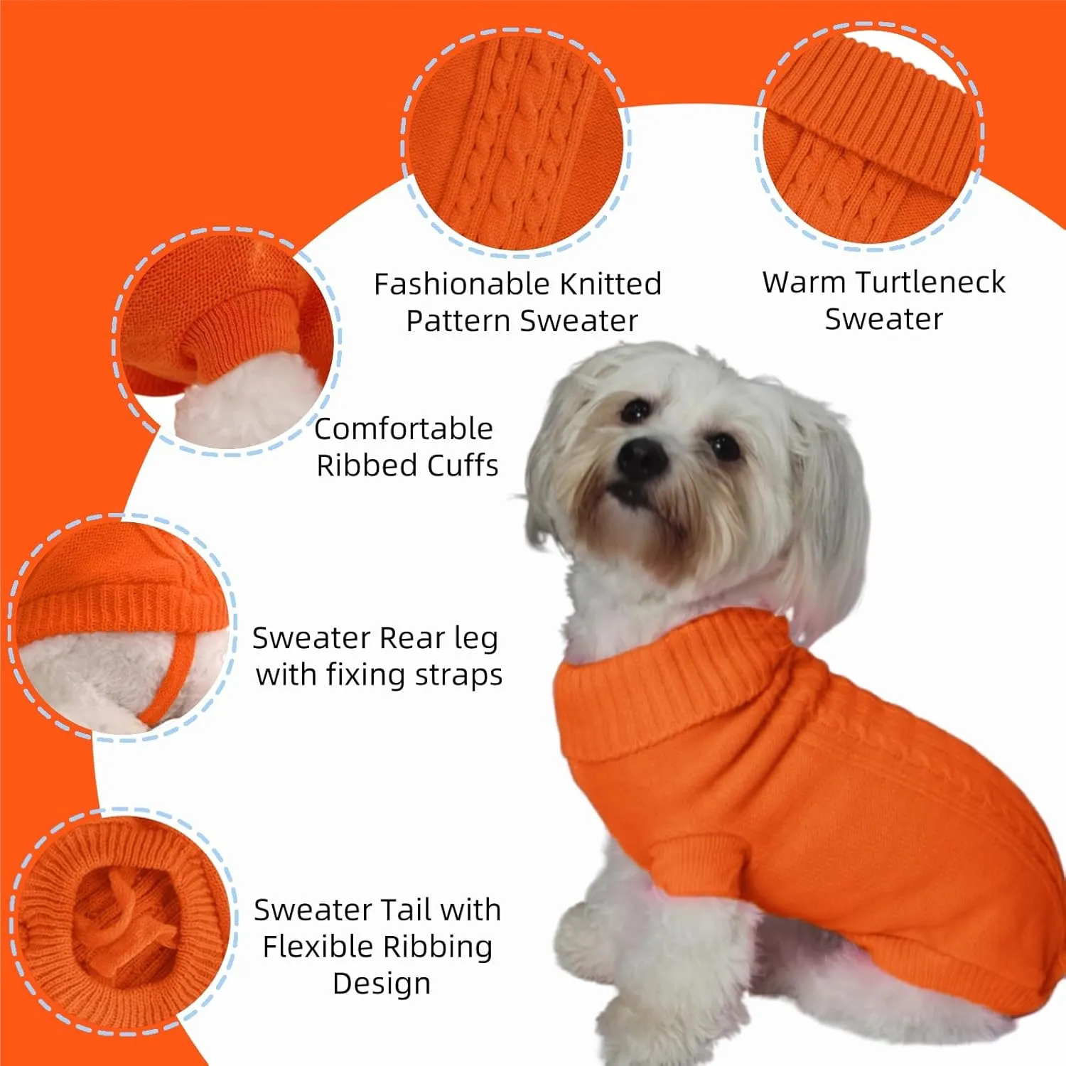 Small Dog Sweater with Hind Leg Straps & Knit Turtleneck, Winter Warm Dog Clothes for Small Dogs and Cats, Pet Sweater for Bulldog, Chihuahua, Yorkie, Pug, Kitten (Orange Dog Sweater, XS)