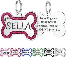 Stainless Steel Pet ID Tags in Glitter, Durable Dog Tags Engraved for Pets, Deep Engraved Personalized Dog Tags with Lovely 36 Icons, up to 5 Lines Custom Text Dog Name Tag (Large, Rose)