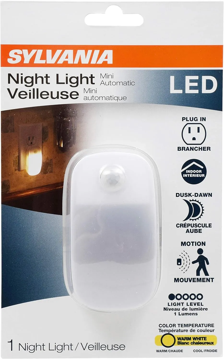 SYLVANIA LED Mini Automatic Plug-In Night Light with Sensor, Motion Activated, Dusk to Dawn, Warm White, Plug-In Type - 1 Pack (64988)