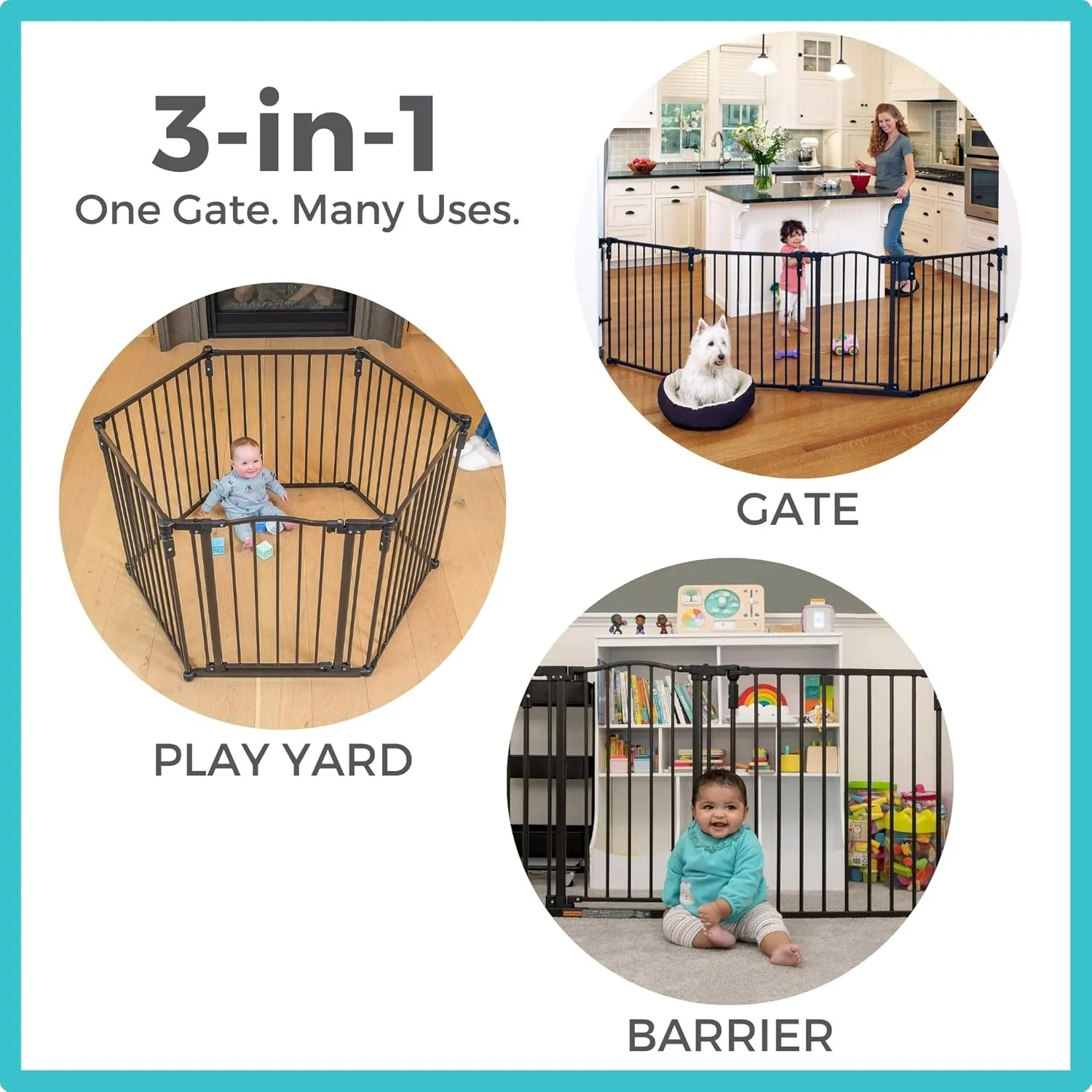 Toddleroo by North States 3 in 1 Arched Decor Metal Superyard 6 Panel Play Yard, Baby Gate, Playpen or Baby Fence, 151" Wide. Wall Mount Kit Included. 10 sq ft play yard (30" tall, Matte Bronze)