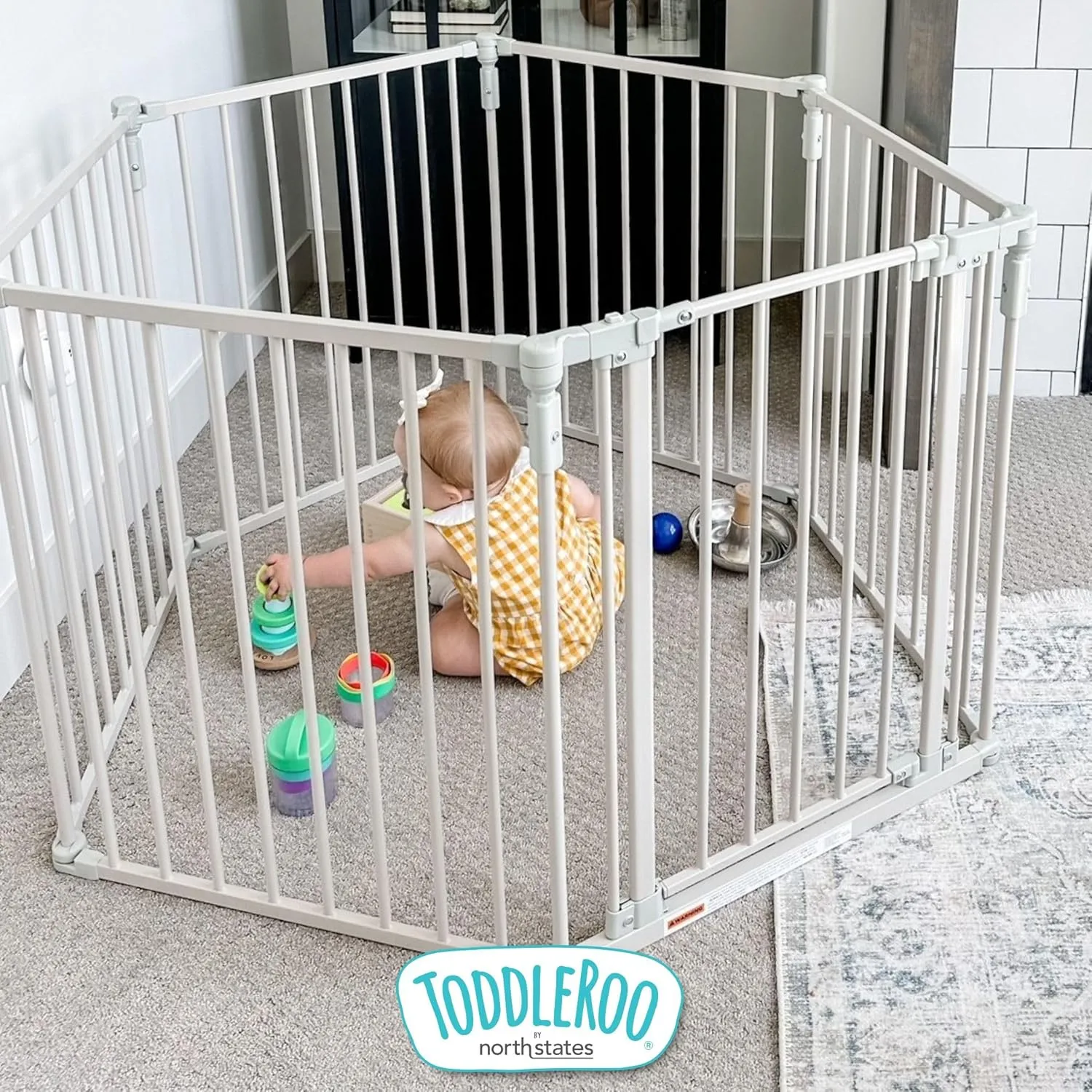 Toddleroo by North States 3 in 1 Metal Superyard 6 Panel Play Yard, Baby Gate, Playpen or Extra Wide Baby Fence, 151" Wide. Wall Mount Kit Included. 10 sq ft play yard (30" tall, Taupe)