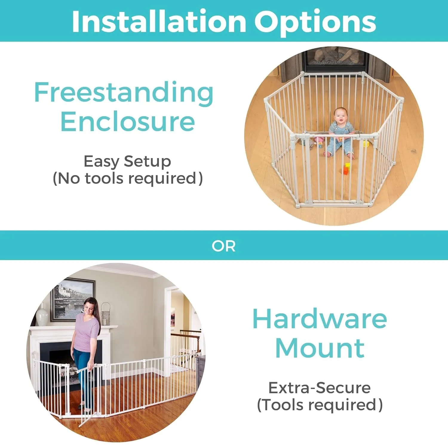 Toddleroo by North States 3 in 1 Metal Superyard 6 Panel Play Yard, Baby Gate, Playpen or Extra Wide Baby Fence, 151" Wide. Wall Mount Kit Included. 10 sq ft play yard (30" tall, Taupe)