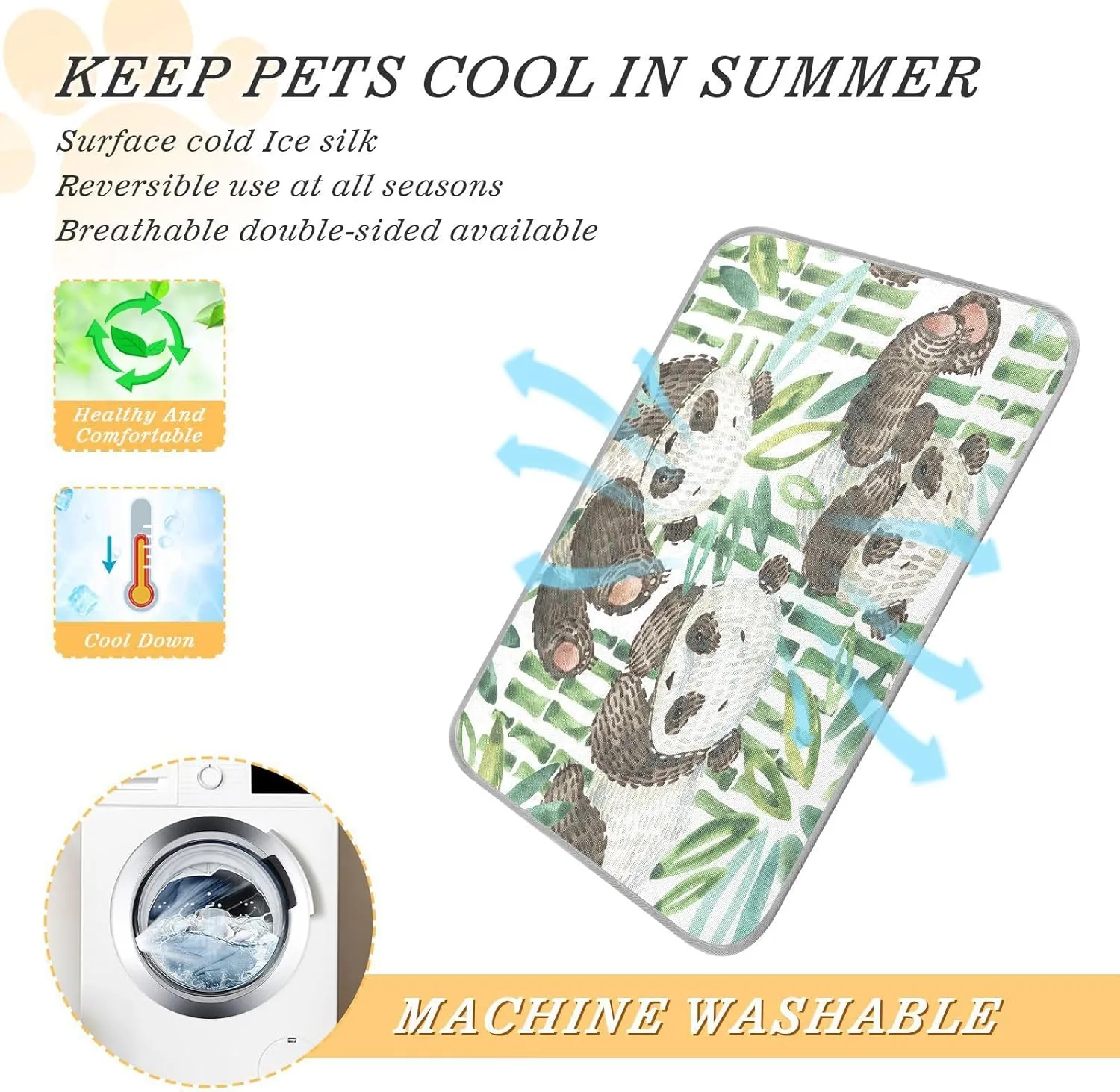 Washable Dog Cooling Mat Cute Panda Watercolor Summer Cats Sleeping Mat Spring Bamboo Dog Bed Mats 23.6 * 38.6inch Pet Ice Silk Sleep Kennel Pad Animal Sleep Bed for Home Outdoor Travel