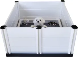 Whelping Box & Puppy Playpen  Upgraded Reinforced Design with Easy-Open Door, Pig Rails, Waterproof Pee Pad & Oxford Floor Liner  Indoor/Outdoor, Easy to Clean (White, Premium 36" x 36" x 18")