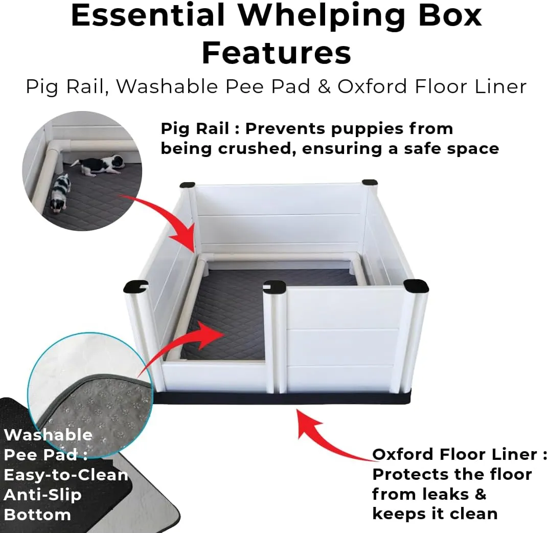 Whelping Box & Puppy Playpen  Upgraded Reinforced Design with Easy-Open Door, Pig Rails, Waterproof Pee Pad & Oxford Floor Liner  Indoor/Outdoor, Easy to Clean (White, Premium 36" x 36" x 18")