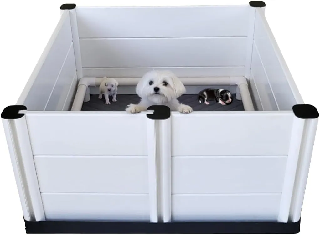 Whelping Box & Puppy Playpen  Upgraded Reinforced Design with Easy-Open Door, Pig Rails, Waterproof Pee Pad & Oxford Floor Liner  Indoor/Outdoor, Easy to Clean (White, Premium 36" x 36" x 18")