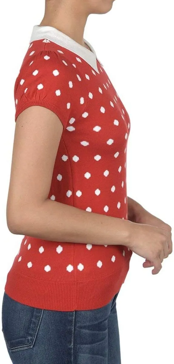 YEMAK Women's Knit Sweater Top  Short Sleeve Polka Dot Contrast Collar Puff Shoulder Classic Casual Knitted Pullover