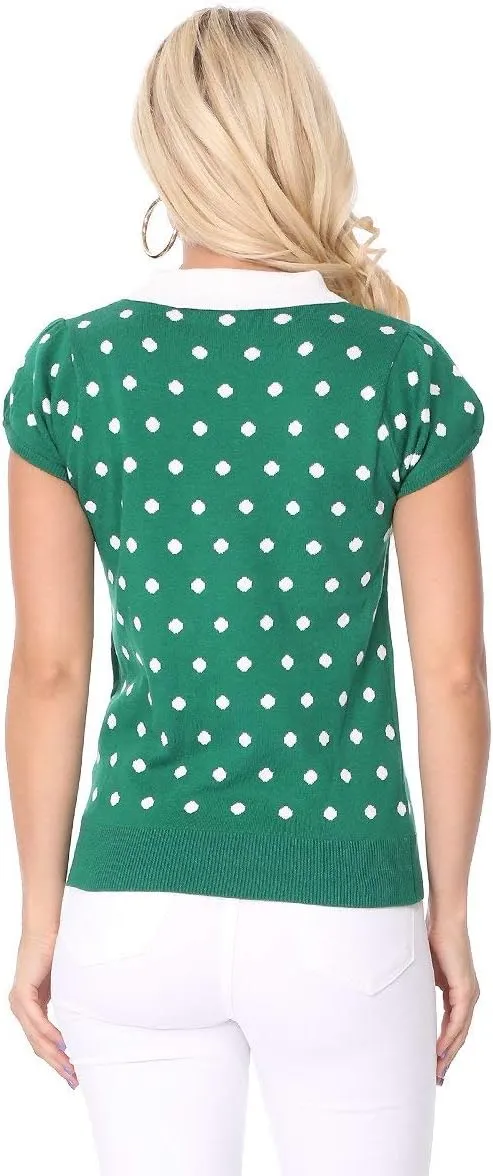 YEMAK Women's Knit Sweater Top  Short Sleeve Polka Dot Contrast Collar Puff Shoulder Classic Casual Knitted Pullover