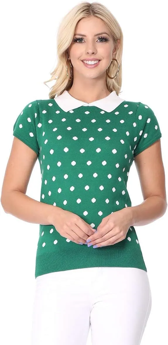 YEMAK Women's Knit Sweater Top  Short Sleeve Polka Dot Contrast Collar Puff Shoulder Classic Casual Knitted Pullover