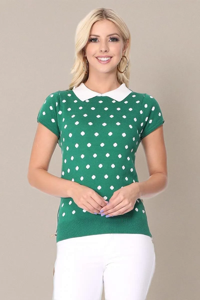 YEMAK Women's Knit Sweater Top  Short Sleeve Polka Dot Contrast Collar Puff Shoulder Classic Casual Knitted Pullover
