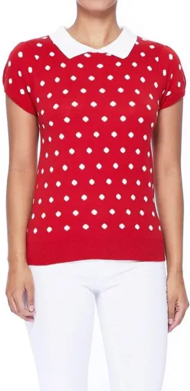 YEMAK Women's Knit Sweater Top  Short Sleeve Polka Dot Contrast Collar Puff Shoulder Classic Casual Knitted Pullover