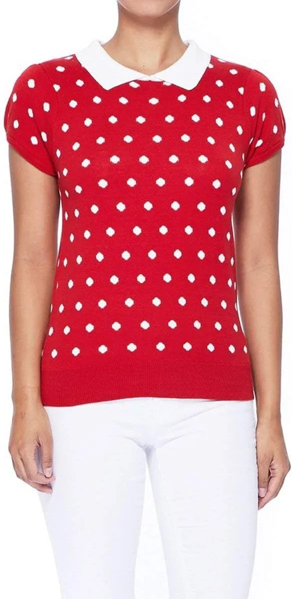 YEMAK Women's Knit Sweater Top  Short Sleeve Polka Dot Contrast Collar Puff Shoulder Classic Casual Knitted Pullover
