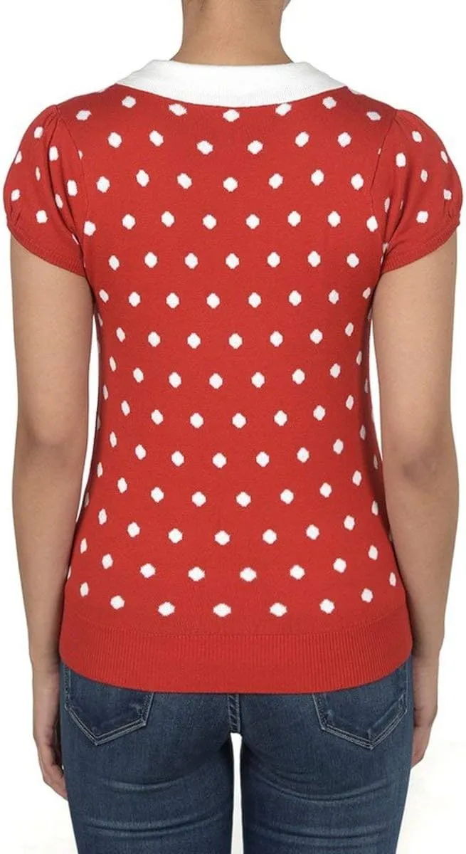 YEMAK Women's Knit Sweater Top  Short Sleeve Polka Dot Contrast Collar Puff Shoulder Classic Casual Knitted Pullover