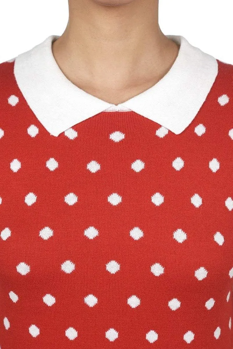 YEMAK Women's Knit Sweater Top  Short Sleeve Polka Dot Contrast Collar Puff Shoulder Classic Casual Knitted Pullover